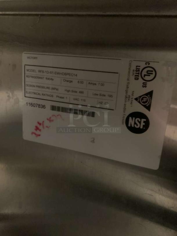 Victory ULTRASPEC freezer label, model RFS-1D-S1-EWHD-SPEC14, 115V, refrigerant R404a, UL and NSF listed, prime condition.
