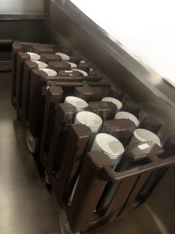 Cambro plate dispenser carts, prime condition, brown, mobile, holding white plates, commercial-grade, fully tested, ready for service.