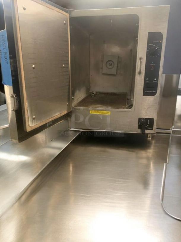 Cleveland 22CET6.1 electric countertop steamer, stainless steel, open door view, flawless condition, fully tested, 208/220/240V.