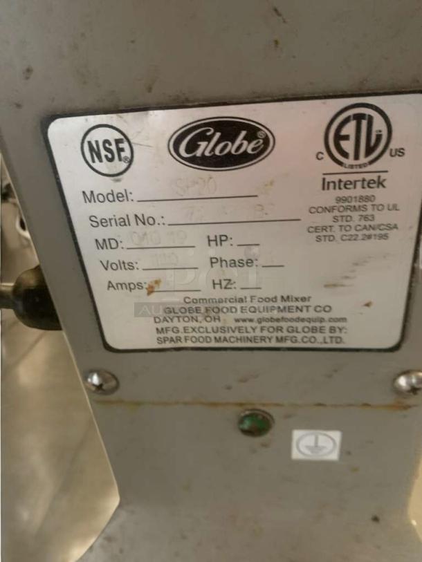 NSF-certified Globe SP20 mixer label, multi-voltage, in excellent condition, fully tested. Model SP20 by Globe Food Equipment Co.