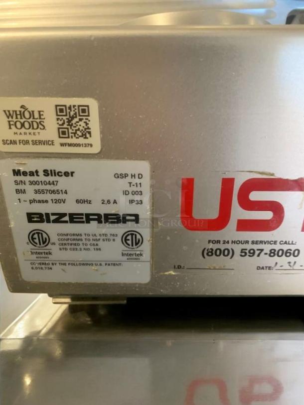 Bizerba GSP HD meat slicer, model T-11, 120V, pristine condition, fully tested. Features certification labels and service info.