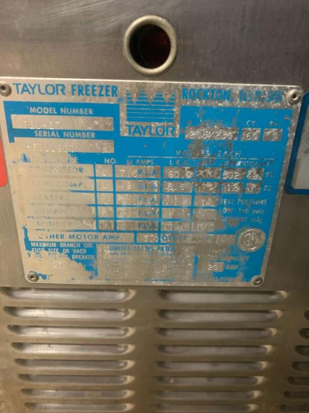 Taylor 20/30 series single flavor soft serve ice cream machine label, shows model, serial numbers, and voltage specs.