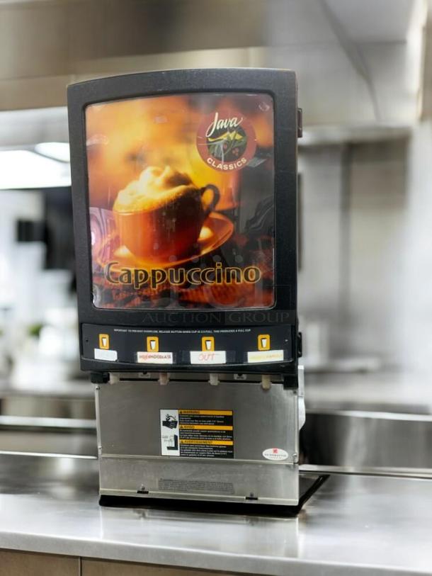 Grindmaster PIC4 cappuccino dispenser, superb condition, 120V, fully tested, Java Classics branding, visible control buttons.