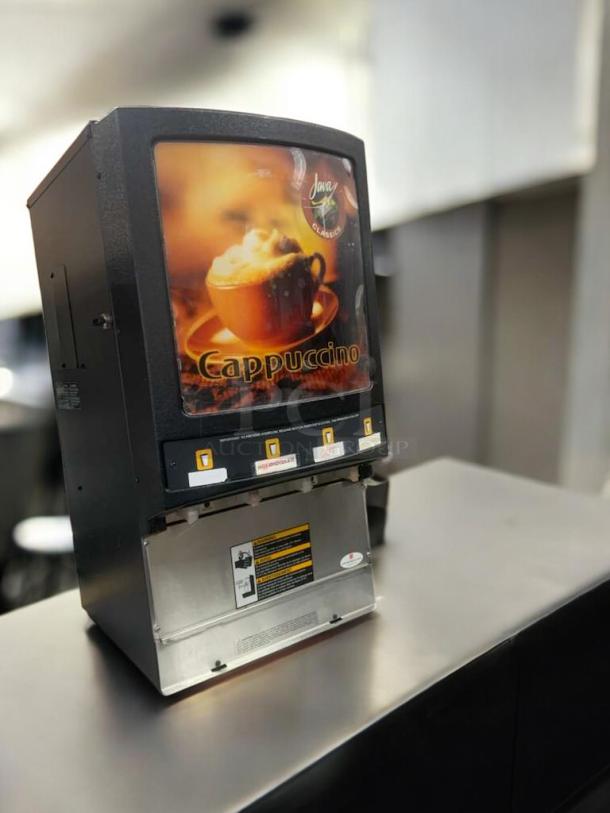 Grindmaster PIC4 cappuccino dispenser, superb condition, 120V, tested, working, front panel with beverage images and labels.