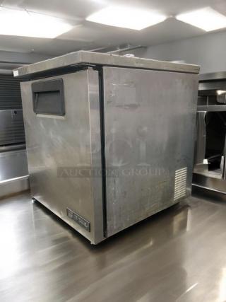True TUC-27-LP undercounter refrigerator, stainless steel, superior condition, fully tested, 115V, True Manufacturing label visible.