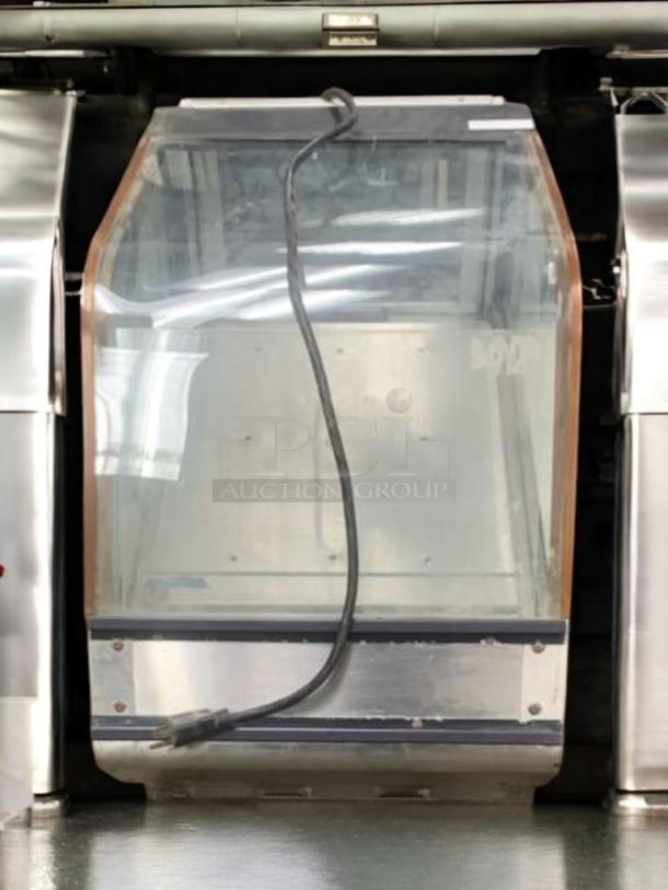 Cal-Mil Concepts 2017R Refrigerated Display Case, great condition, fully tested, transparent front, 120V power cord visible.