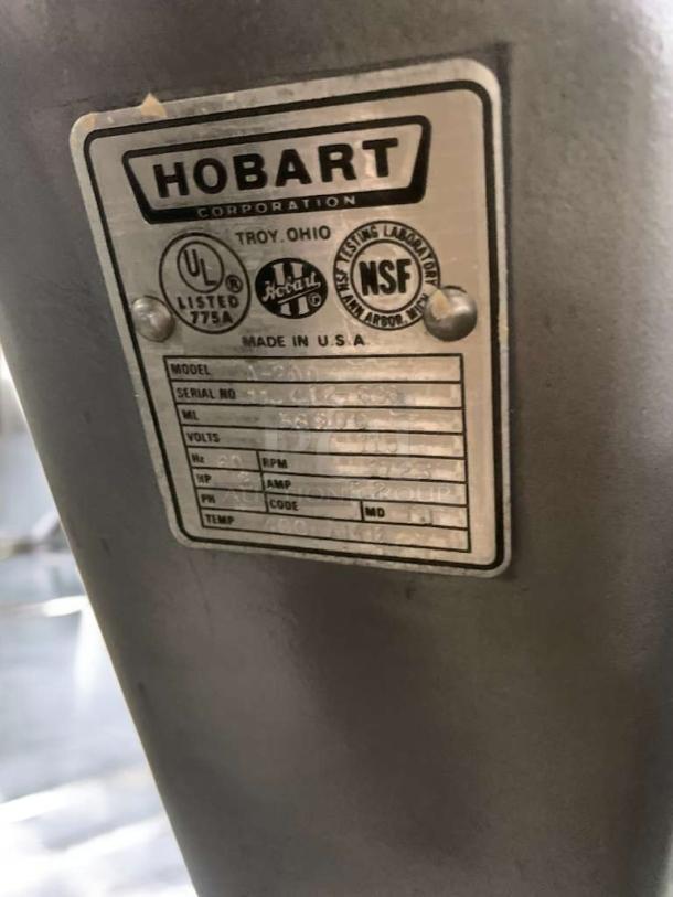 Hobart mixer base unit, prime condition, labeled with model info. Made by Hobart Corp, Troy, Ohio, USA. Fully tested, NSF listed.