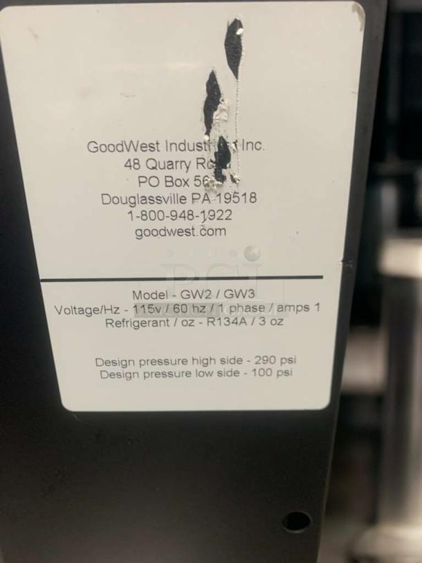 GoodWest GW2/GW3 iced coffee dispenser label, featuring make, model, voltage, refrigerant, and pressure specifications.