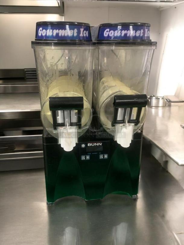 Immaculate BUNN Ultra-2 Gourmet Ice Machine, dual clear tanks, fully tested, "Gourmet Ice" labels, excellent condition.