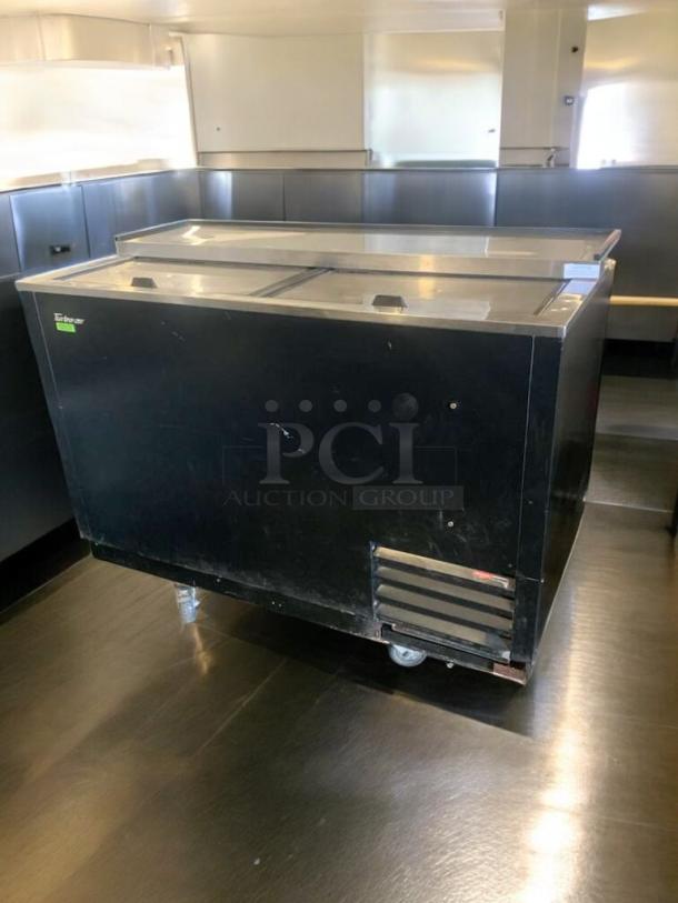Turbo Air TBC-50SB-N6 bottle cooler in prime condition, 115V, black finish, sliding lids, fully tested, and working.