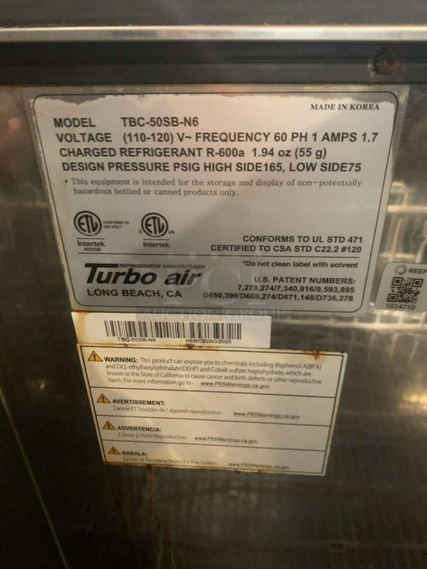 Turbo Air TBC-50SB-N6 bottle cooler, 115V, prime condition. Features include refrigerant R-600a, made in Korea, tested and working.