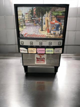 Impeccable Food Concept Developers D-PSPD-5 powder dispenser in perfect condition, 120V, tested and working, visible condiment labels.