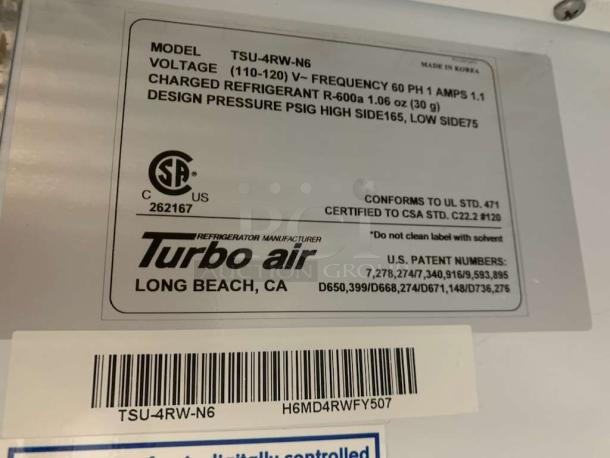 Turbo Air TSU-4RW-N6 label with model details and certifications, indicating prime condition and full functionality.