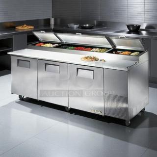 True TPP-93 93" 3-door refrigerated pizza prep table. Stainless steel, tested, working condition, food compartments open.