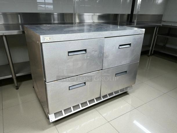 Delfield D4448NP 48" flat top undercounter refrigerator with four drawers, stainless steel, tested, working, great condition.