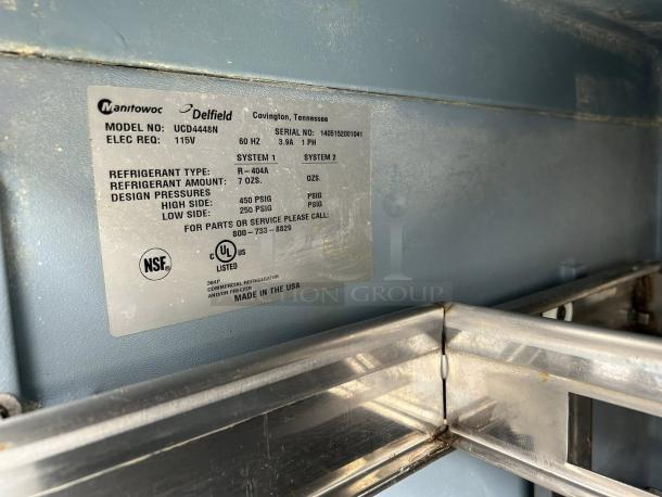 Alt text: Delfield D4448NP undercounter refrigerator label, NSF and UL certified, 115V, 60 Hz, R-404A refrigerant.