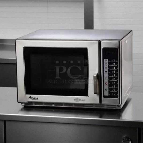 AMANA RFS12MPSA commercial microwave oven, 1200 watts, 120v, stainless steel exterior, keypad controls, excellent condition.