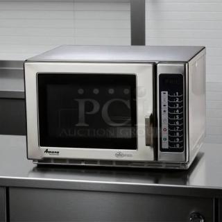 AMANA RFS12MPSA commercial microwave oven, 1200 watts, 120v, stainless steel exterior, keypad controls, excellent condition.