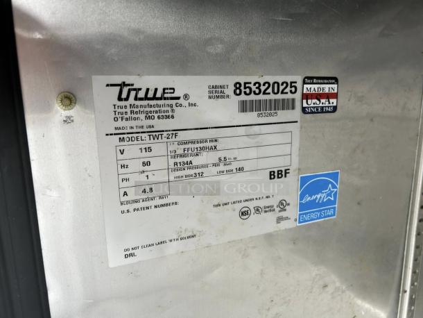 True TWT-27F-HC worktop freezer label; 115v, Energy Star, made in USA. Model, voltage, and refrigerant details visible.
