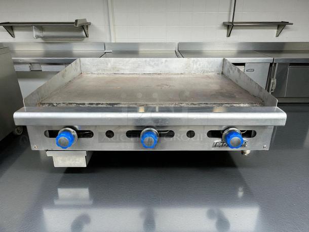 Imperial ITG-36, 36" commercial gas griddle with thermostatic controls, tested, working, stainless steel, blue knobs.