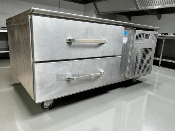 Randell FX-2WS-290 chef base, 43 1/4", stainless steel, two drawers, tested, working, 115v, with manufacturer label visible.