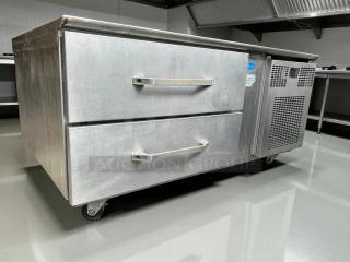 Randell FX-2WS-290 chef base, 43 1/4", stainless steel, two drawers, tested, working, 115v, with manufacturer label visible.