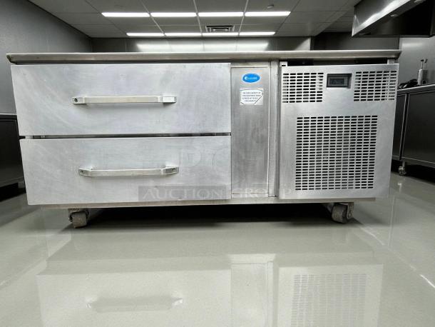 Randell FX-2WS-290 43 1/4" chef base, stainless steel, two drawers, tested working, brand label visible, on casters.