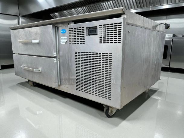 Randell FX-2WS-290 Chef Base, 43 1/4", stainless steel, 2 drawers, tested, working, 115v, minor wear visible.