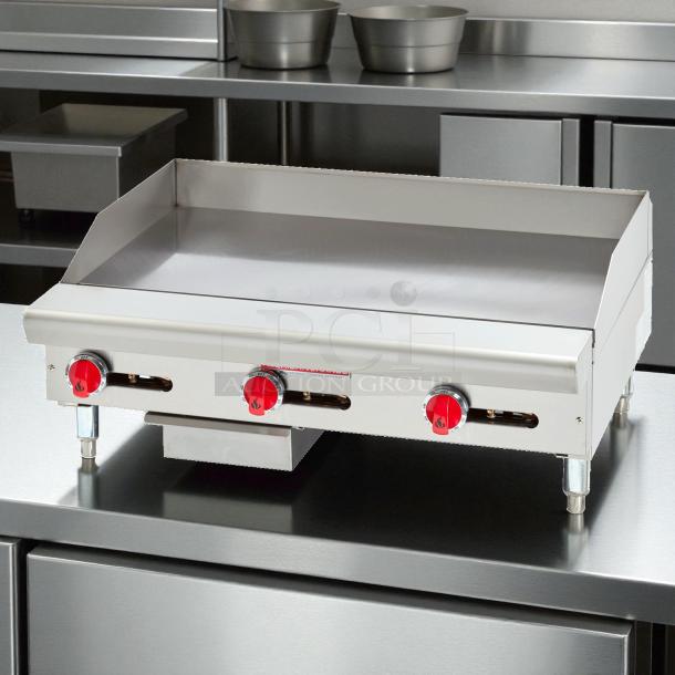 Brand new American Range AETG136XT-100 36" countertop griddle with 3-T-stat controls, 1" plate, stainless steel body.