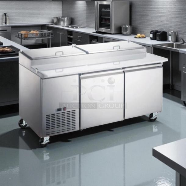 Kintera KRR70X two-door pizza prep refrigerator, stainless steel, 115V, fully tested, excellent condition, on casters.