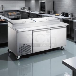 Kintera KRR70X two-door pizza prep refrigerator, stainless steel, 115V, fully tested, excellent condition, on casters.