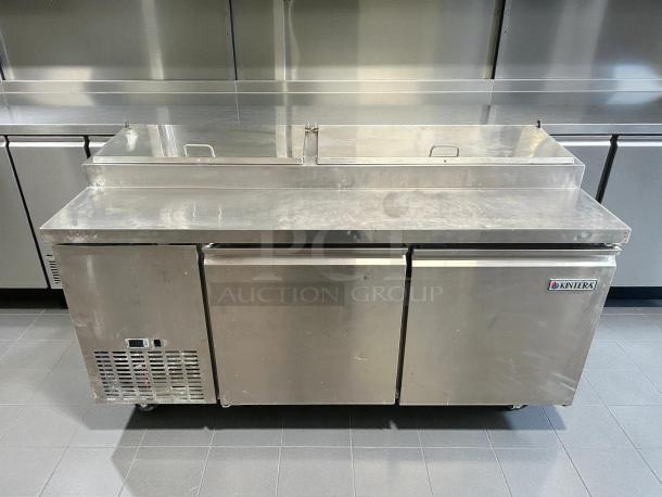 Kintera KRR70X two-door pizza prep refrigerator, stainless steel, great condition, 115V, fully tested, visible brand logo.