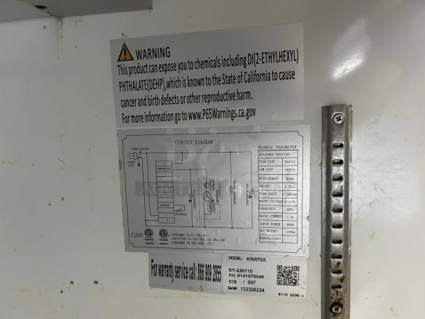 Kintera KRR70X two-door pizza prep refrigerator label showing model, circuit diagram, and safety warning, in great condition.