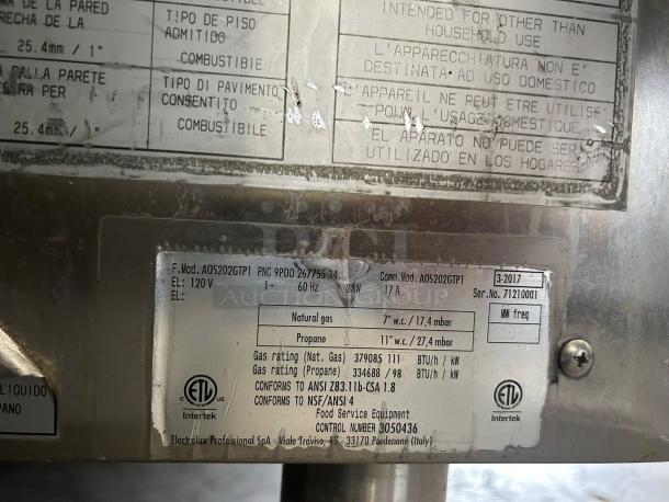 Electrolux Air-o-Steam AOS202GTP1 natural-gas combi oven label with model, serial number 71210001, and specifications.