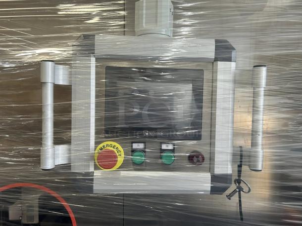 Automatic packing machine in great condition, high voltage 340v, with control panel displaying buttons and emergency stop label.