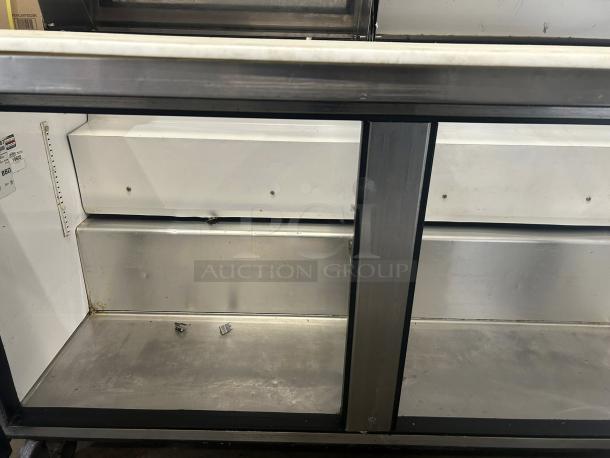 True TSSU-60-24M-B-ST-HC 2-door refrigerated sandwich prep table, excellent condition, stainless steel, tested, and working.