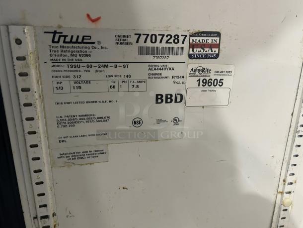True TSSU-60-24M-B-ST-HC label, indicating model, voltage 115V, refrigerant R134A, NSF certified, made in USA.