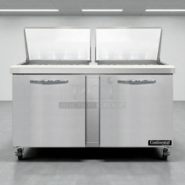 Continental SW60N24M 60" 2-Door Mega Top Refrigerated Sandwich Prep Table in excellent condition, tested, and working.