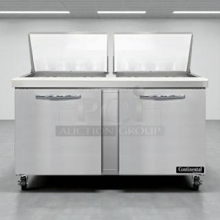 Continental SW60N24M 60" 2-Door Mega Top Refrigerated Sandwich Prep Table in excellent condition, tested, and working.