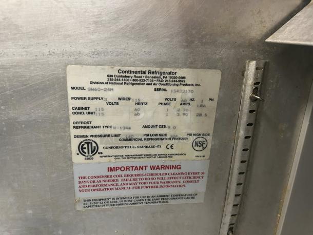 Label on Continental SW60N24M 60" refrigerated sandwich prep table, showing model details, power specifications, and warnings.