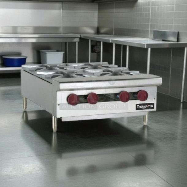 Brand new Therma-Tek TCHP24-4-LP 24" LP gas hot plate with four burners, red knobs, stainless steel finish, tested and working.