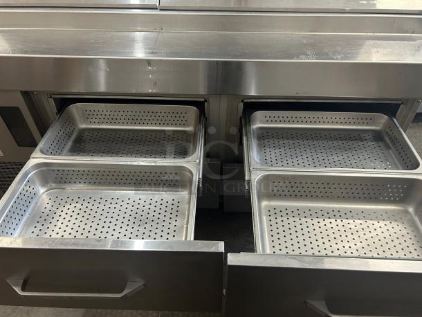Randell 8272D-290 dual sided pizza prep table with refrigerated base, stainless steel drawers, tested and working.
