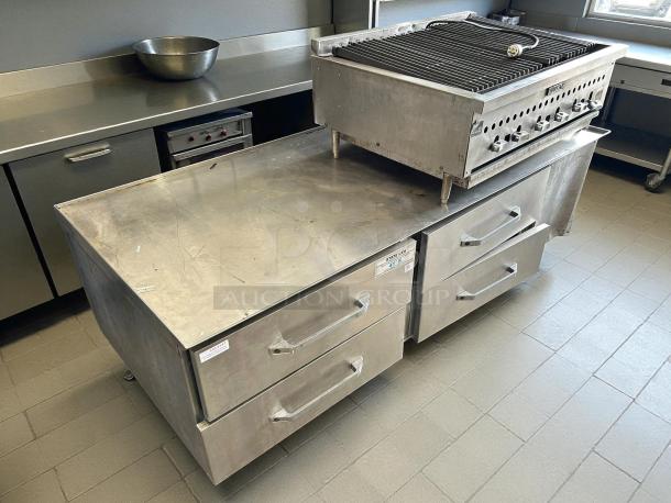 Randell RES1R2-72C4 72" refrigerated stand with 4 drawers, stainless steel, tested, excellent condition.