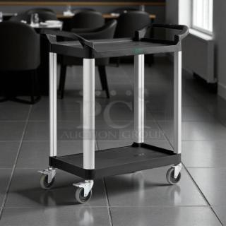 Brand new Choice black utility cart, model 109cartbs2bk, with two 24"x16" shelves, sturdy design, and swivel casters.