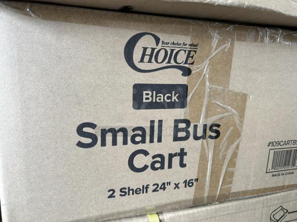 Brand new Choice Black Utility Cart, model 109cartbs2bk, 24" x 16", with two shelves. Box label visible.