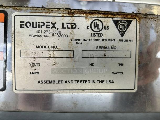 Alt text: Equipex BAR-100/1 toaster oven label showing model, serial number, UL listing, and voltage details. Used condition.