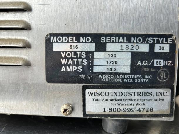Wisco 616B Commercial Convection Oven label showing model, serial number, voltage, watts, and UL certification.