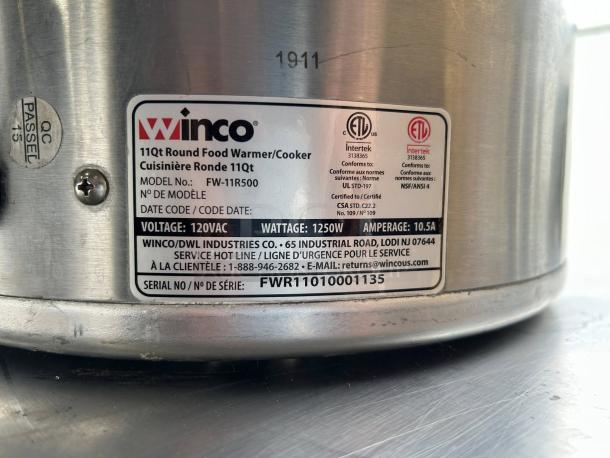 Winco FW-11R500 Countertop Food Warmer, 11 qt capacity, 120V, ETL certified, tested and working, silver, model label visible.