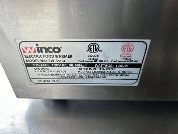 Winco FW-S500 Countertop Food Warmer label, 120v, 1200W, NSF certified, excellent condition, tested and working.