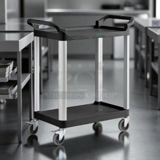 Brand new Choice purple utility cart with two shelves, 24" x 16". Features sturdy wheels and handles, ideal for bussing tasks.